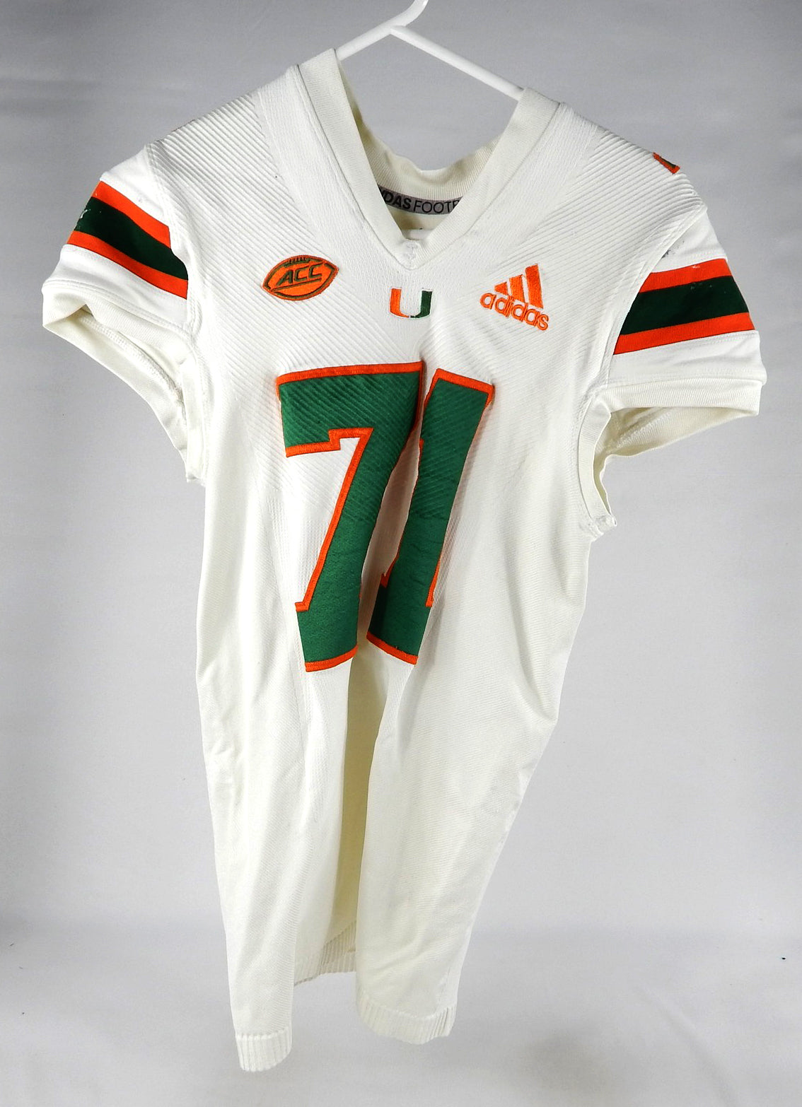 2019 Miami Hurricanes #71 Game Used White Jersey Football NP Rem L 1