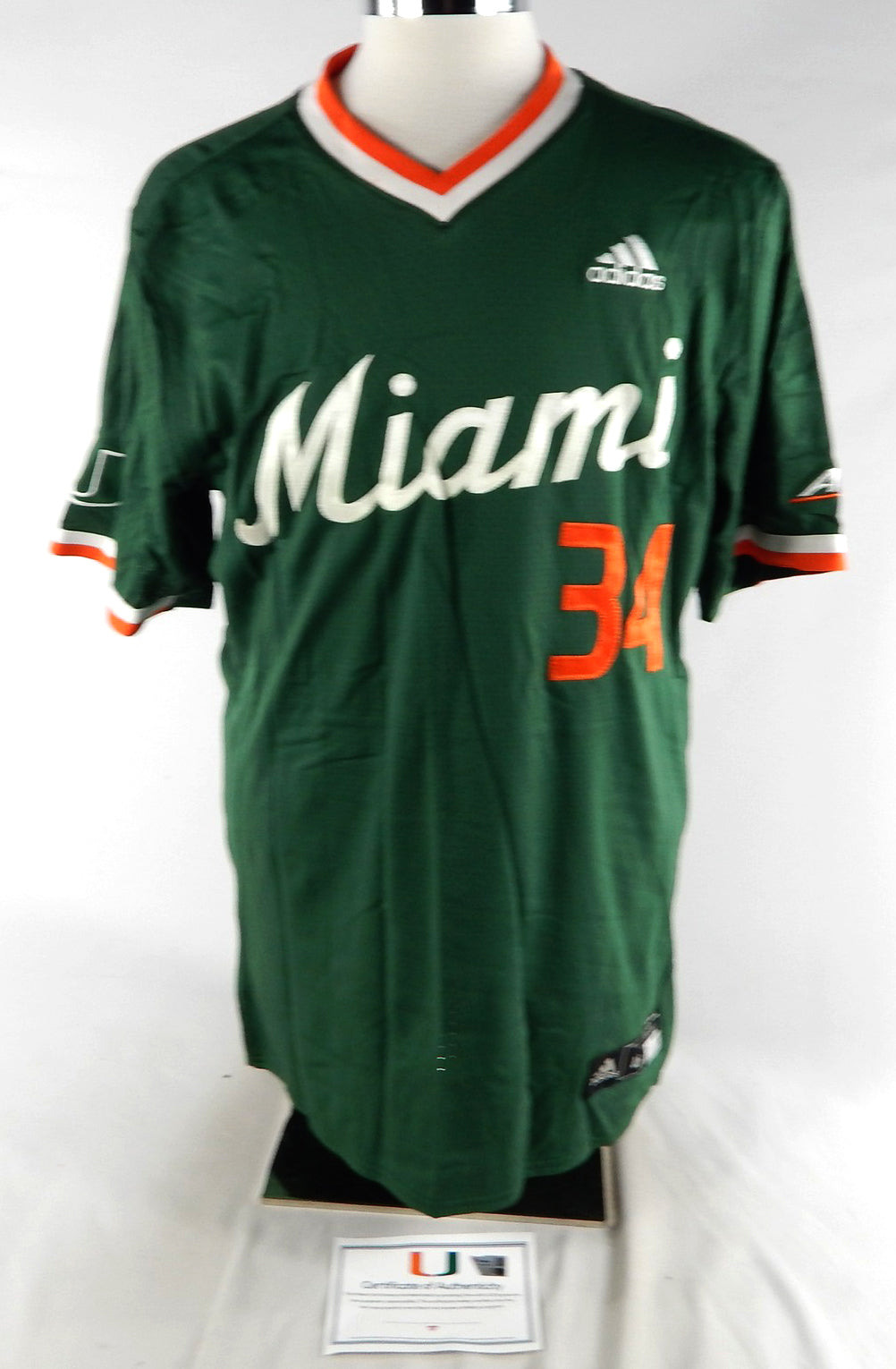 Miami Hurricanes #34 Game Used Green Jersey Name Plate Removed Baseball 46 857