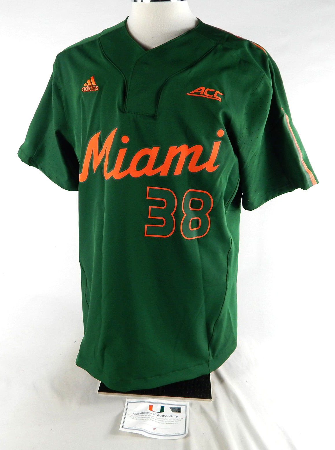 Miami Hurricanes #38 Game Used Green Jersey Name Plate Removed Baseball 44 858