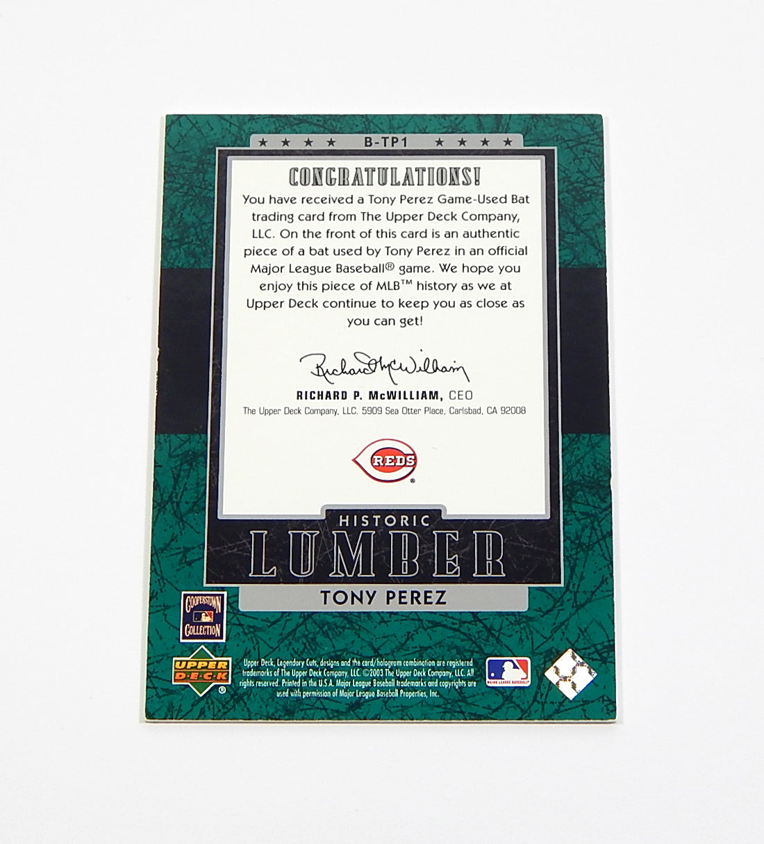 2003 SP Legendary Cuts Historic Lumber Green Tony Perez #B-TP1 GU Bat # 022/125 Pic2