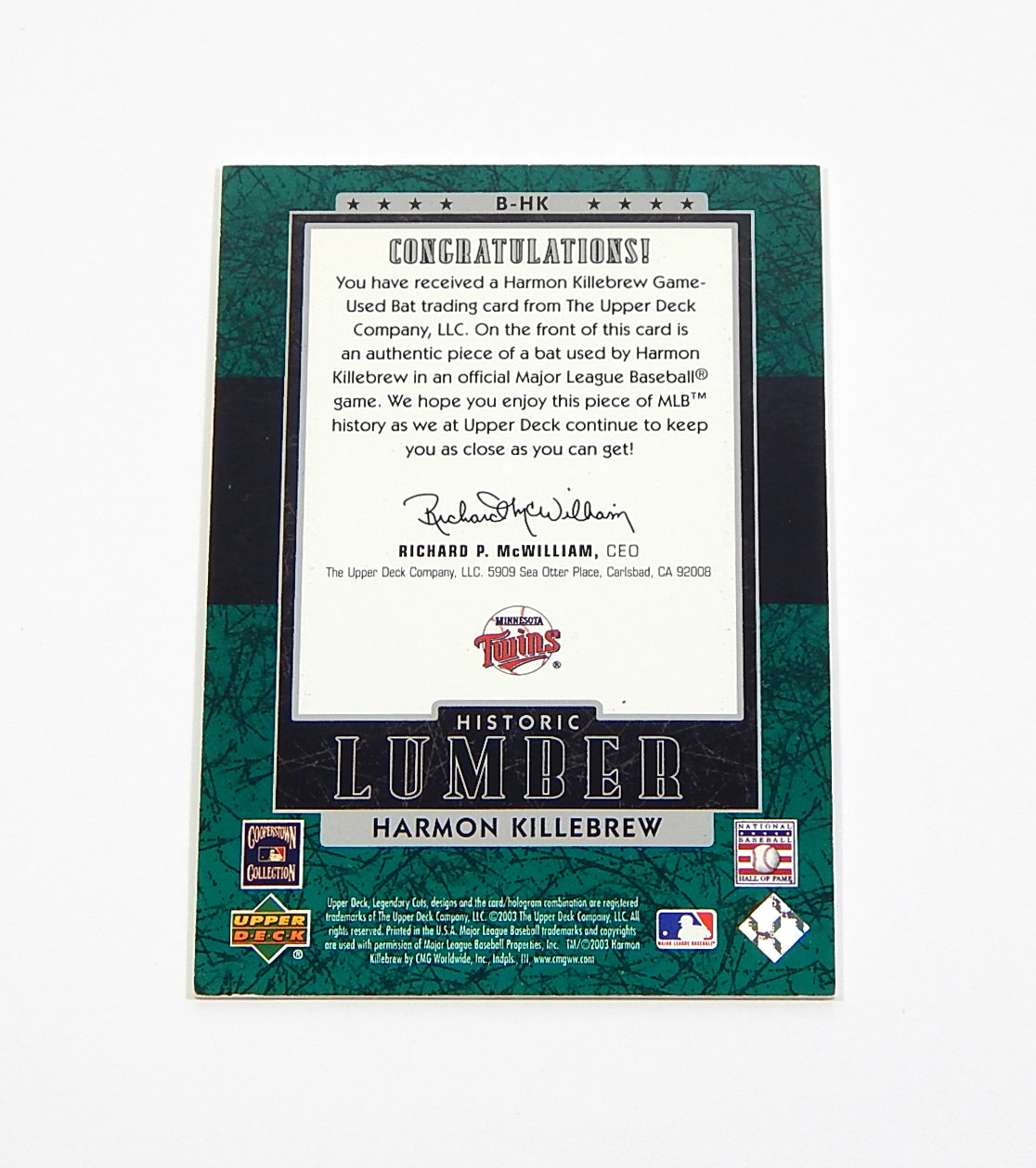 2003 SP Legendary Cuts Historic Lumber Green Harmon Killebrew #B-HK GU Bat /125 Pic2