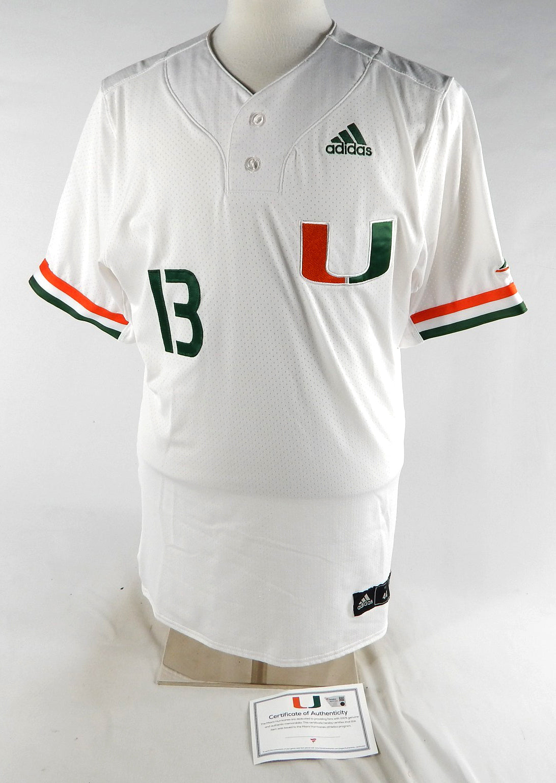 Miami Hurricanes #13 Game Used White Jersey Name Plate Removed Baseball 44 868