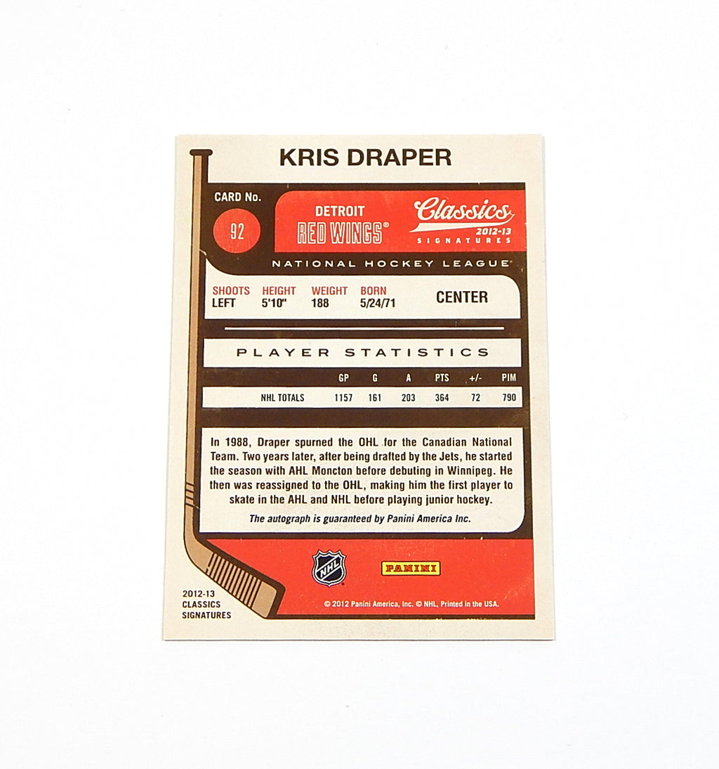 # 2012-13 Panini Classics Signatures Autographs Kris Draper #92 On Card Auto Pic2