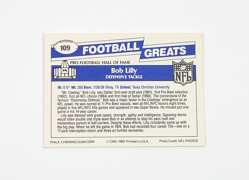 1989 Swell Football Greats Bob Lilly #109 Signed On Card Auto Pic2