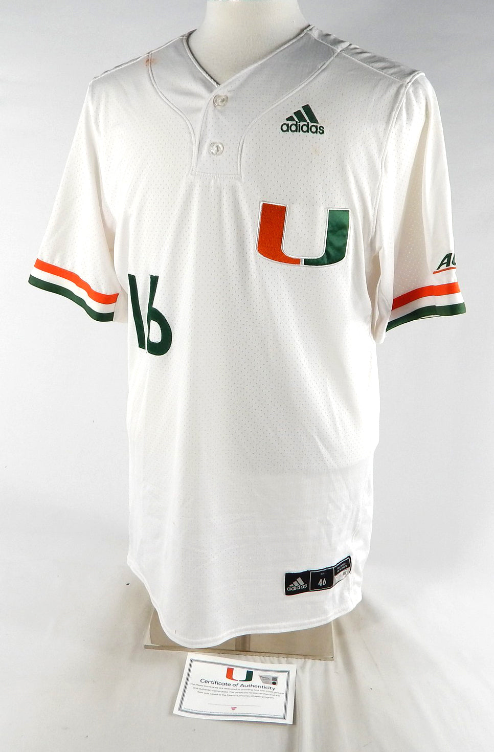 Miami Hurricanes #16 Game Used White Jersey Name Plate Removed Baseball 46 885
