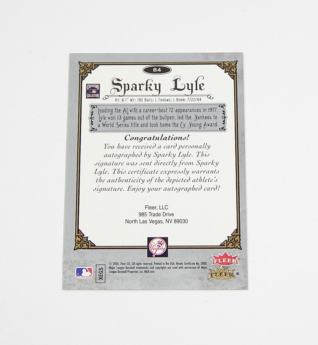 2006 Fleer Greats of the Game Autographs Sparky Lyle #84 Auto Pic2