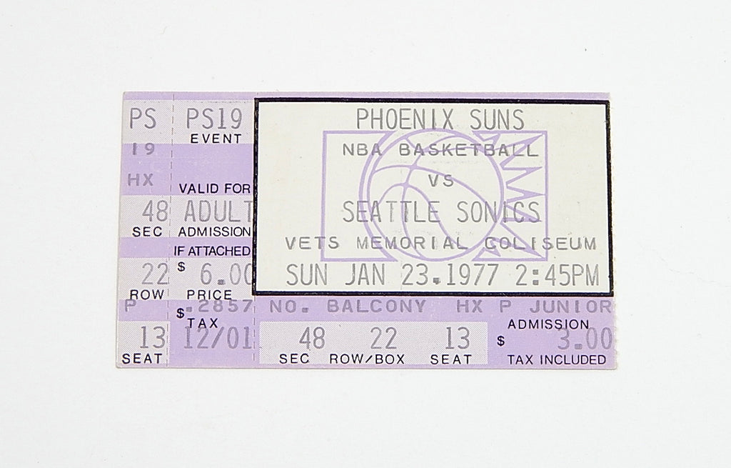1977 Phoenix Suns vs Seattle Super Sonics NBA Ticket Stub 1/23/77