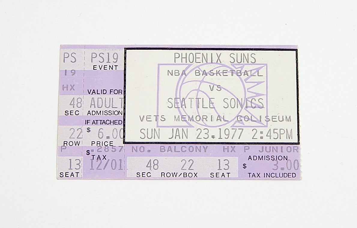 1977 Phoenix Suns vs Seattle Super Sonics NBA Ticket Stub 1/23/77