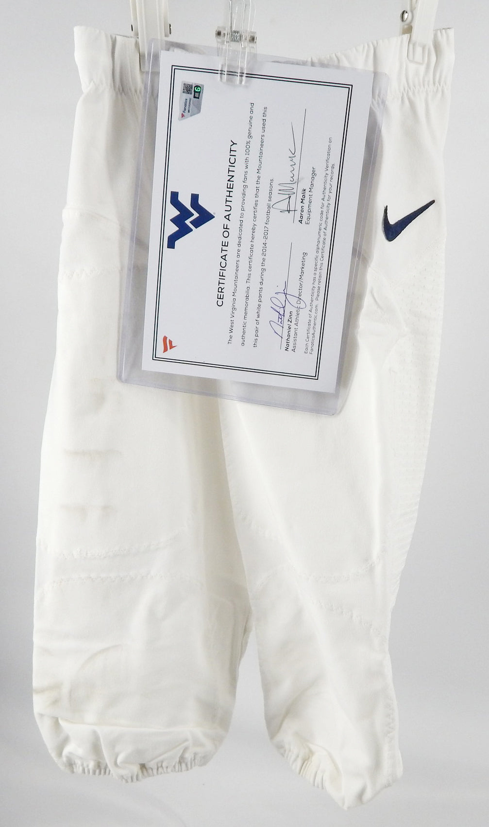 2014-17 West Virginia Mountaineers Game Used White Pants Football 30 128