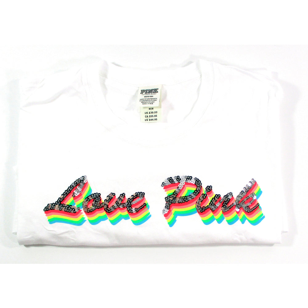 Victoria's Secret Love Pink Rainbow Bling Logo Long Sleeve White T-Shirt -Medium