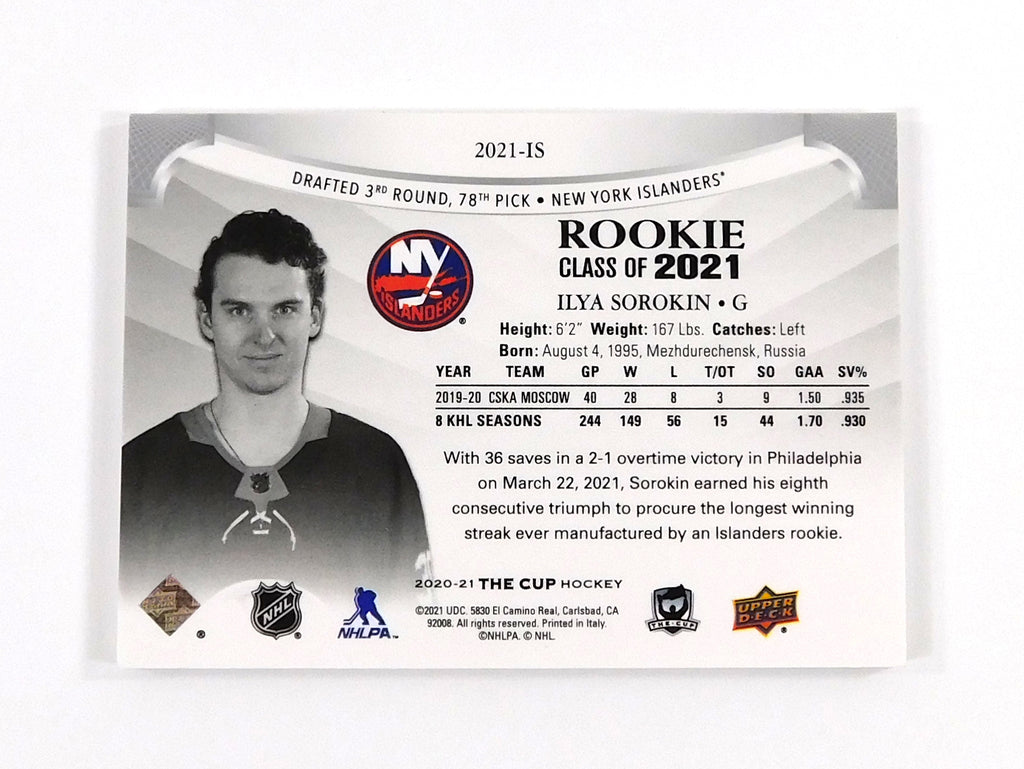2020-21 The Cup Rookie Class of '21 Ilya Sorokin #2021IS Hockey Card # 154/249 Pic2