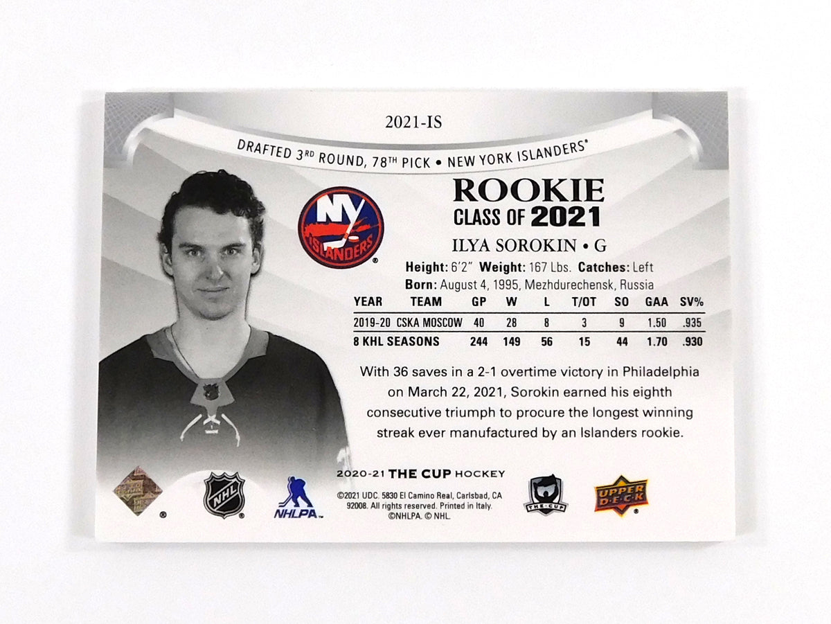 2020-21 The Cup Rookie Class of '21 Ilya Sorokin #2021IS Hockey Card # 154/249 Pic2