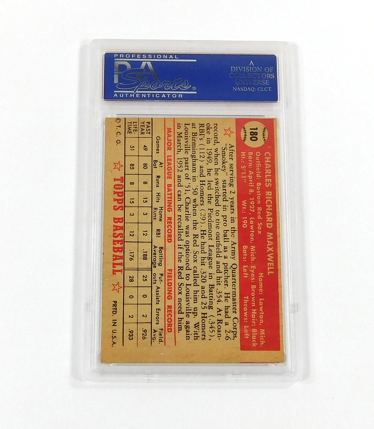 1952 Topps Baseball Charley Maxwell #180 Red Sox PSA 3 DF037639 Pic2