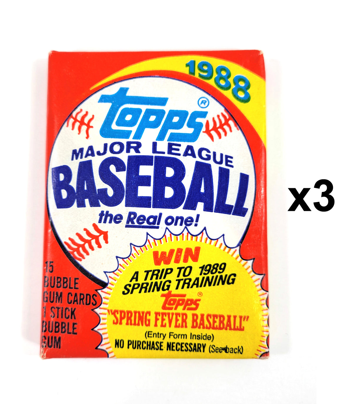 Lot of (3) 1988 Topps Baseball Wax Pack (15 Cards) Sealed -Red