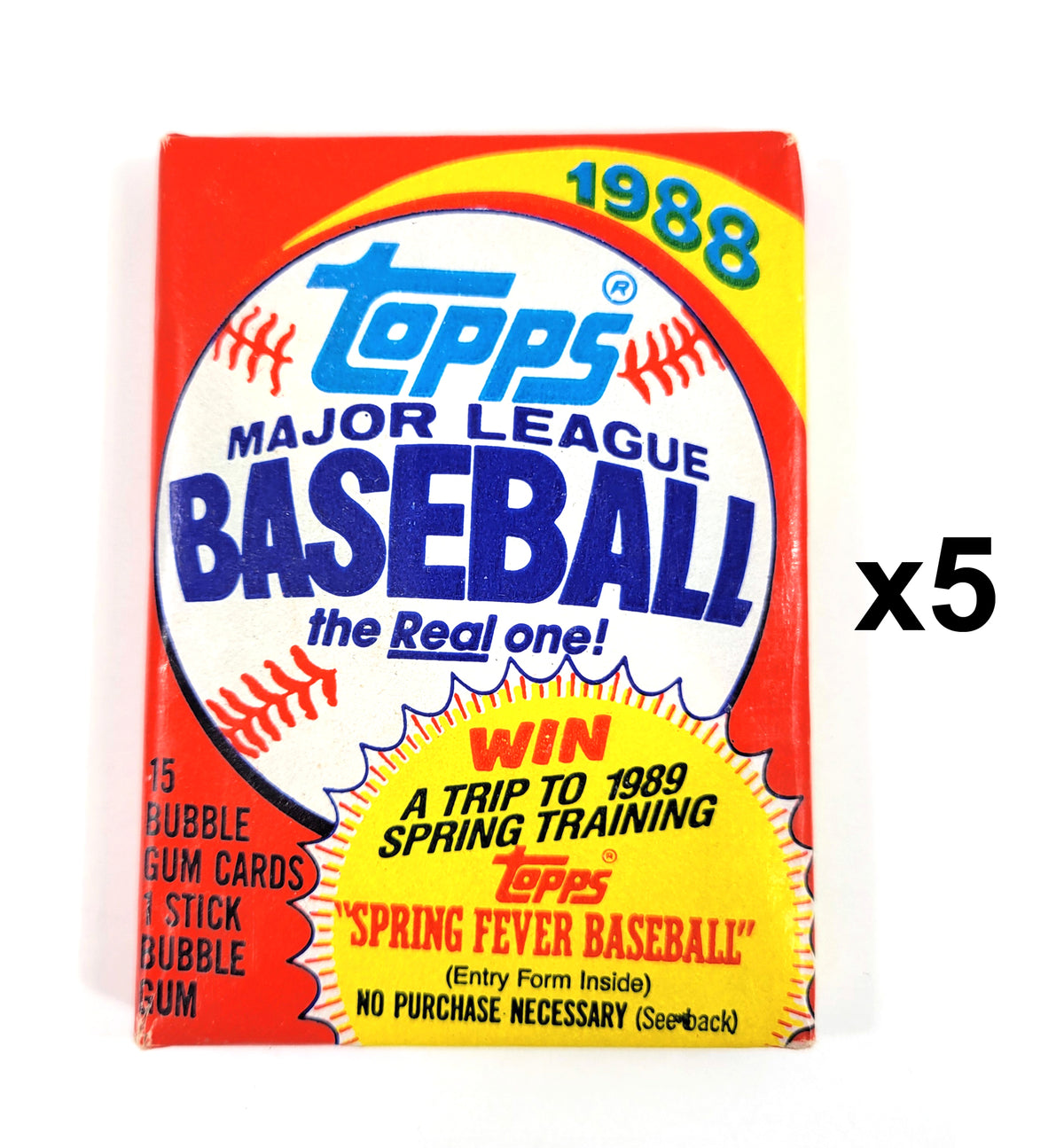 Lot of (5) 1988 Topps Baseball Wax Pack (15 Cards) Sealed - Red