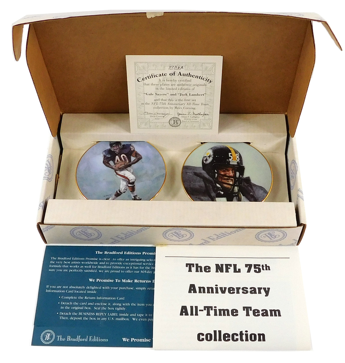 Gale Sayers & Jack Lambert 75th Anniversary Plate Set #1 Bradford Exchange COA