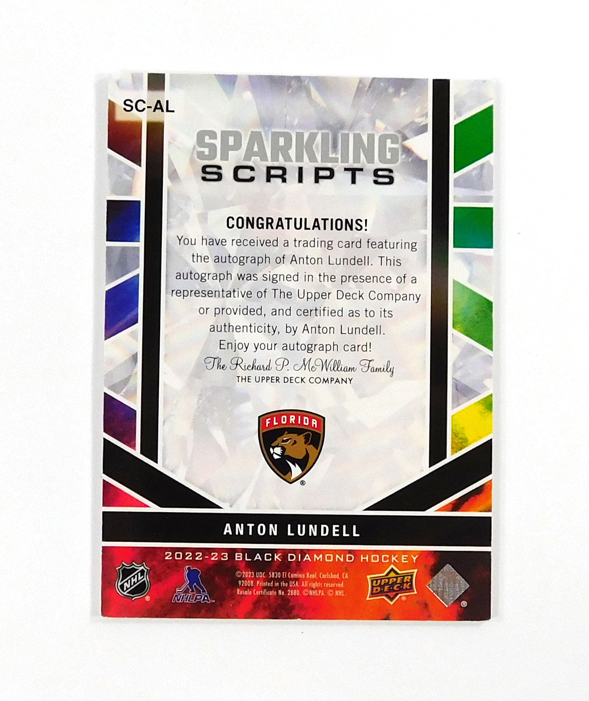 2022-23 Black Diamond Sparkling Scripts Anton Lundell #SCAL Panthers Auto Pic2