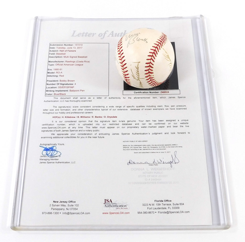 Killebrew / B. Williams / Banks / Drysdale HOF Signed Baseball 4 JSA Autos LOA