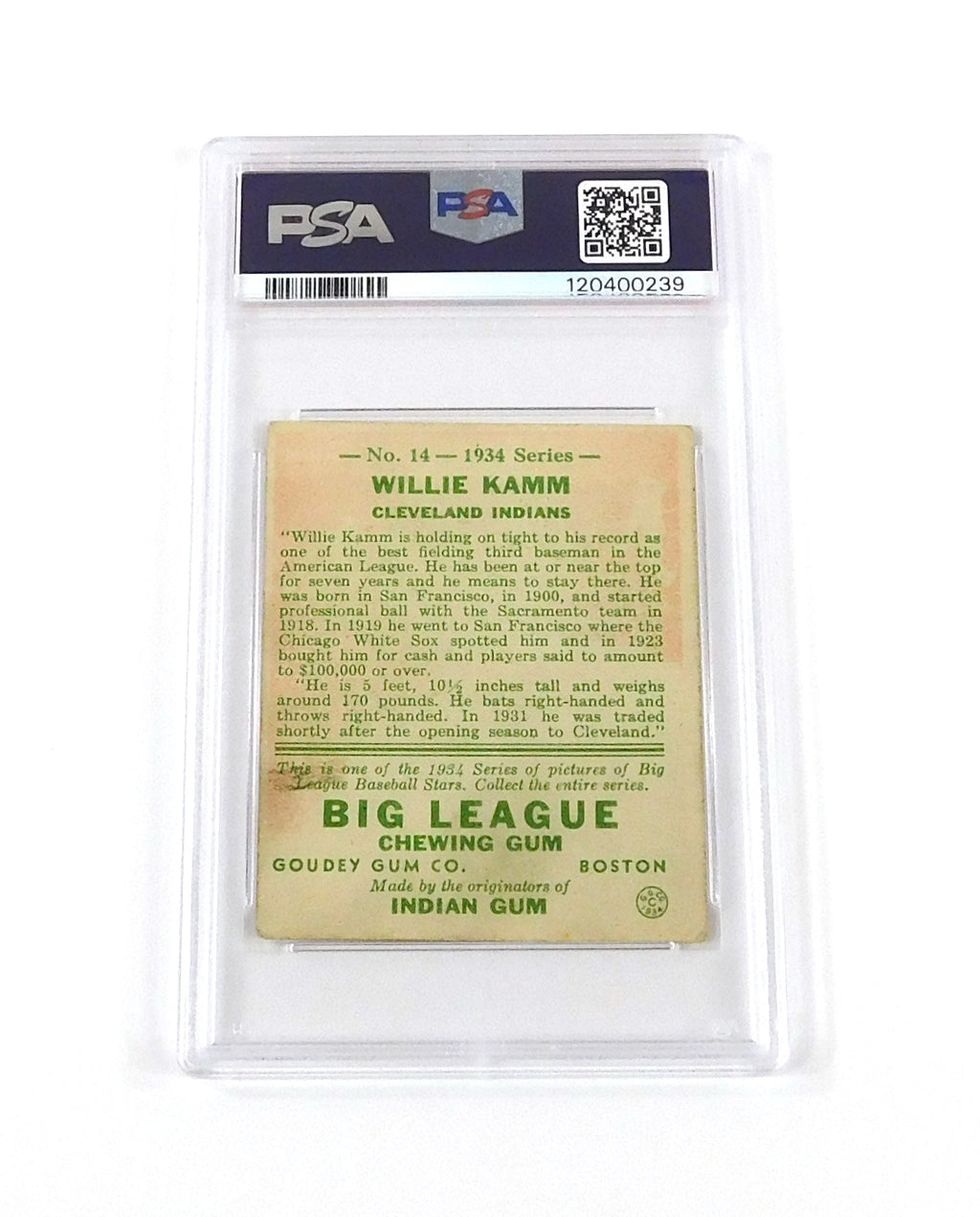 1934 Goudey Willie Kamm #14 Indians PSA 3 DF036542 Pic2
