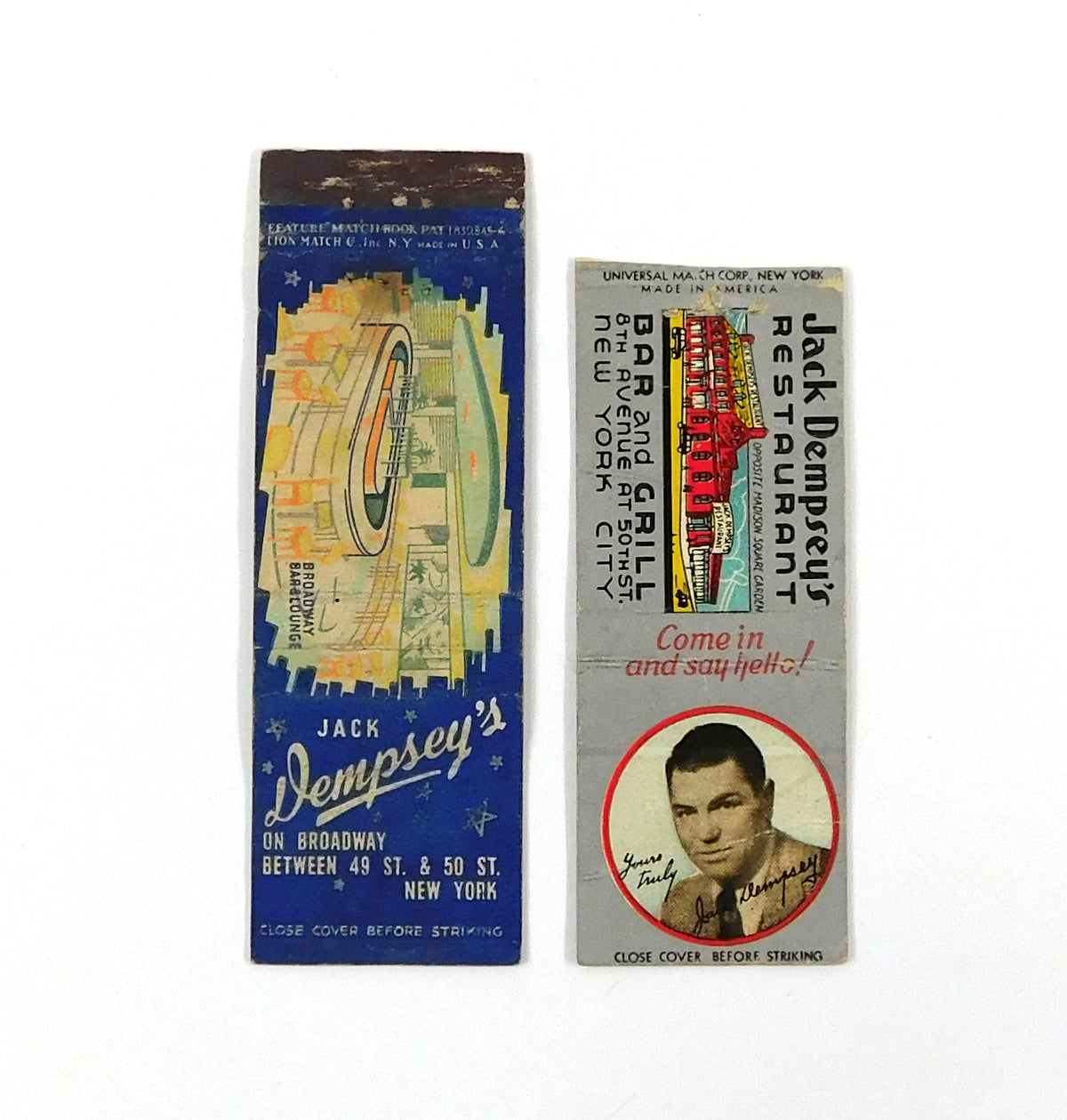 (2 Diff) Jack Dempsey Matchbook Covers: Restaurant NYC / Broadway Bar & Lounge