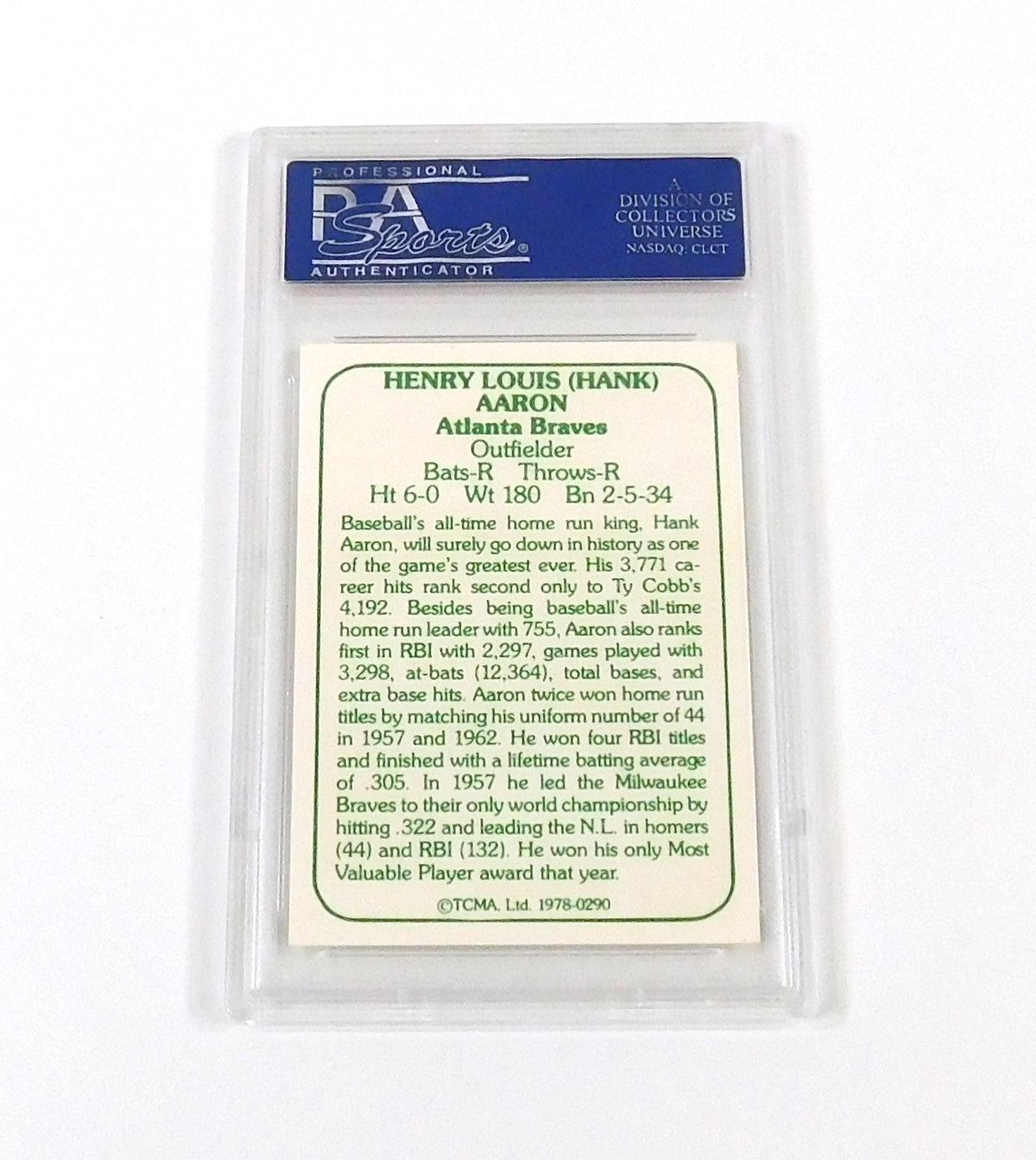 1978 TCMA Baseball The 1960's Hank Aaron #290 Braves PSA 10 DF036848 Pic2
