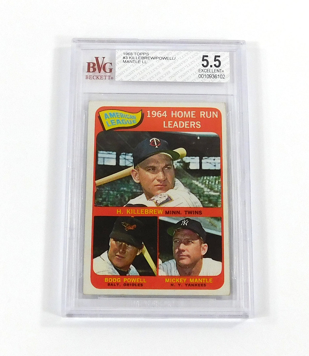 1965 Topps Baseball AL HR Leaders Killebrew / Powell / Mantle LL #3 BVG 5.5