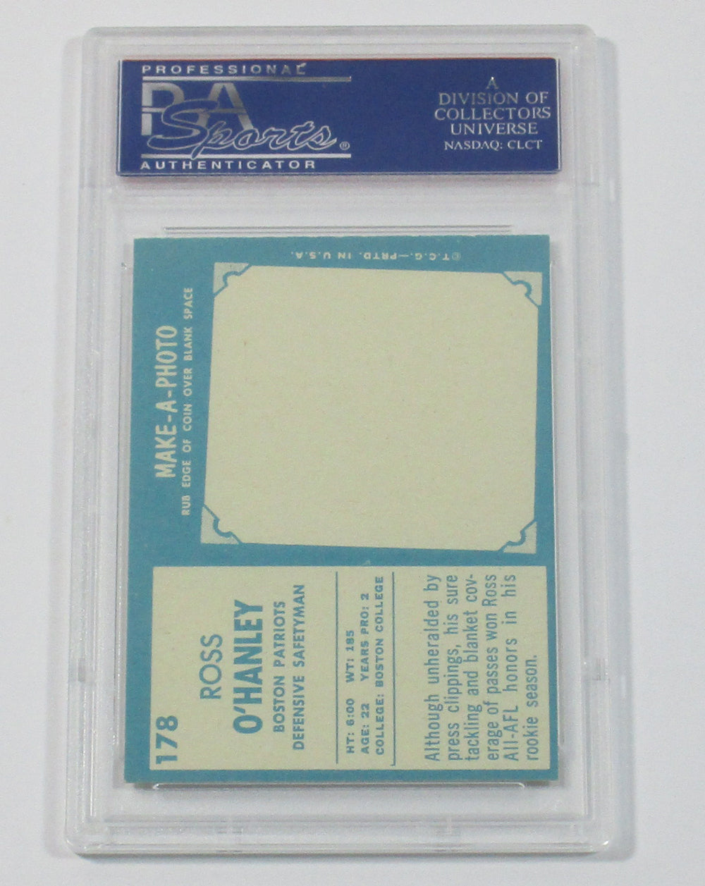 1961 Topps Football Ross O'Hanley #178 Boston Patriots PSA 8 Pic2