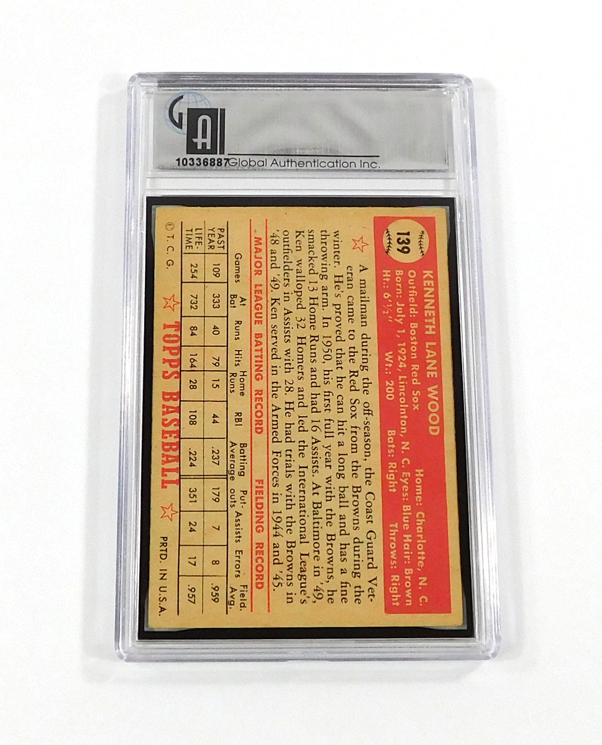 1952 Topps Baseball Ken Wood #139 Red Sox GAI 5 DF037716 Pic2