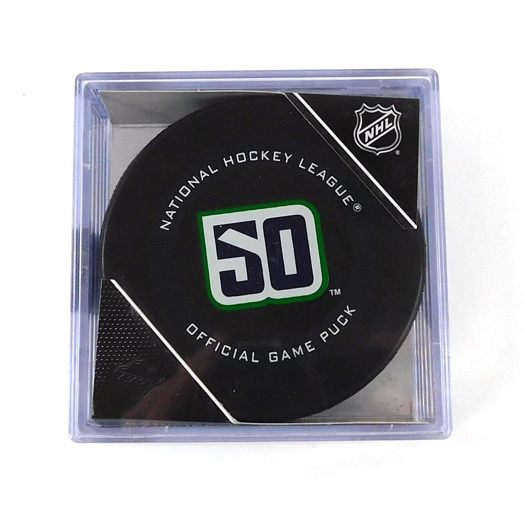 Vancouver Canucks 50 Year Anniversary NHL Official Game Puck New in Cube
