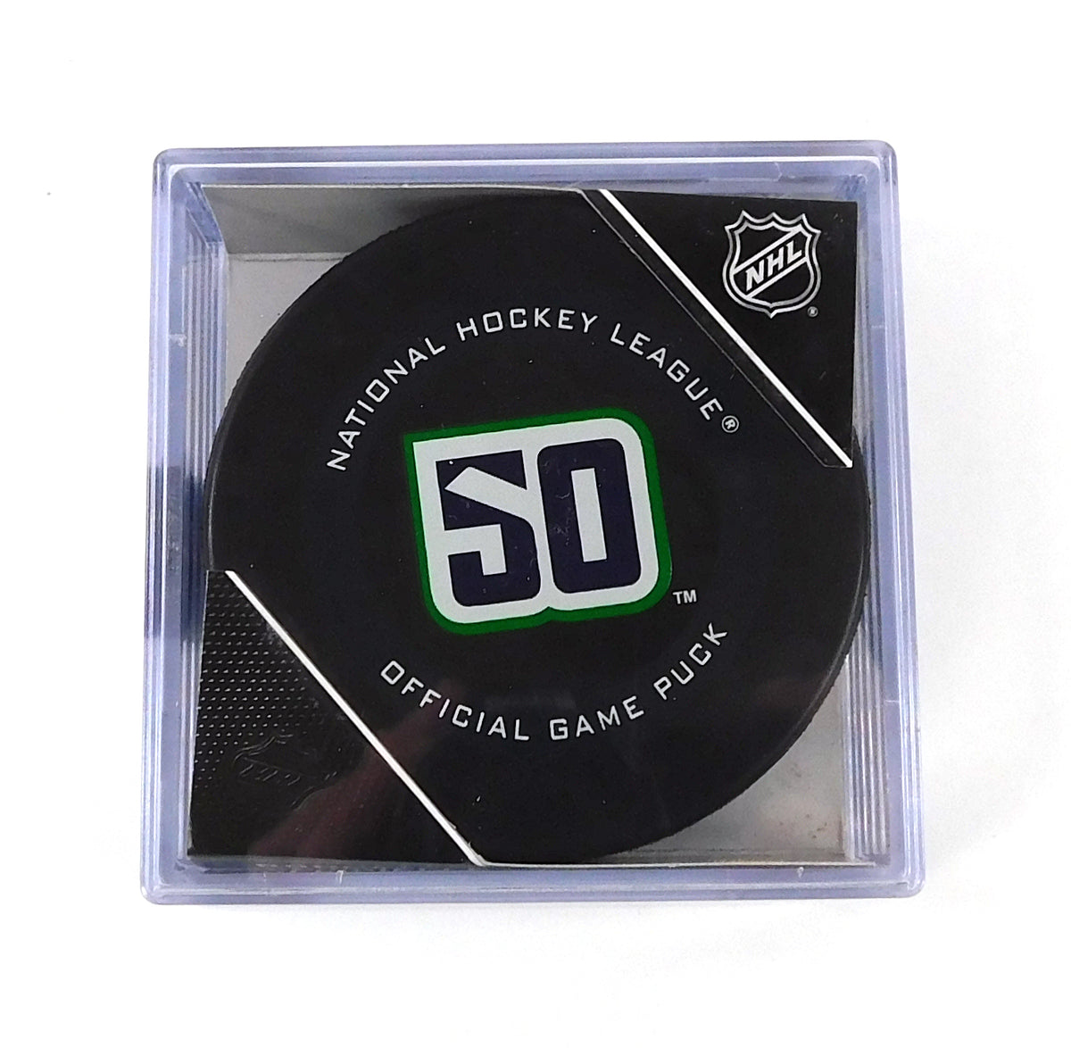 Vancouver Canucks 50 Year Anniversary NHL Official Game Puck New in Cube