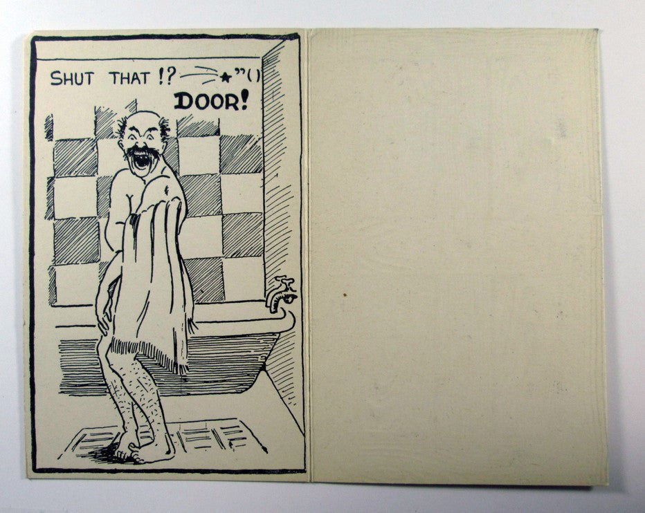 Comic A gentleman standing in a bathroom saying shut the door Trade Card Pic2