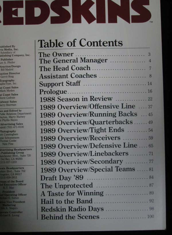 1989 Official NFL Yearbook of the Washington Redskins Pic2