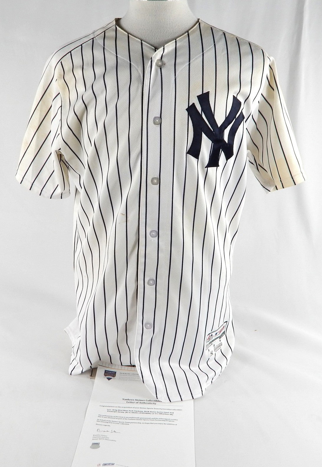 2018 New York Yankees Greg Bird #33 Game Used White Pinstripe Jersey 44 672