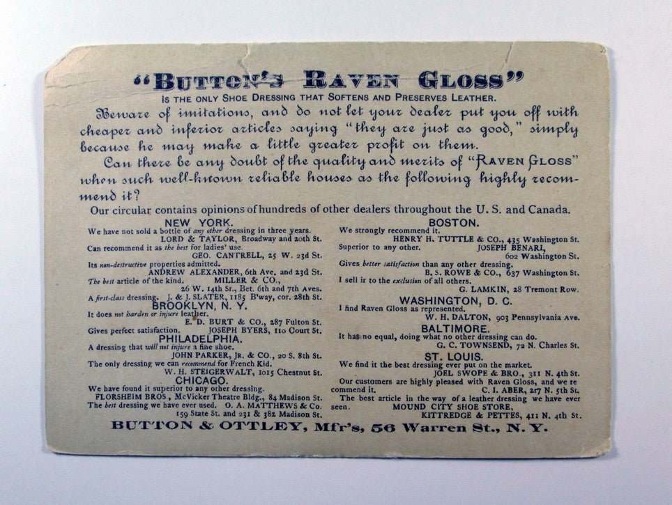 Button & Ottley, Mfr's Button's Raven Gloss Shoe Dressing Carriage Trade Card - DO39466