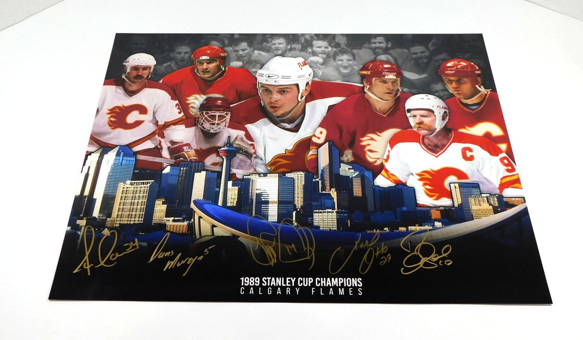 Fleury/Macoun/Murzyn/Roberts/Otto Signed 16x20 Stanley Cup Photo Flames 5 Autos - 204380S