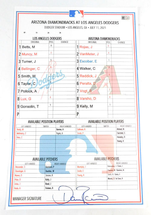 # Diamondbacks @ LA Dodgers MLB Baseball Game Issued Line Up Card July 11, 2021