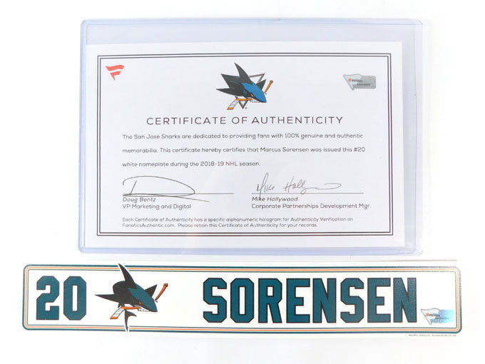 2018-19 Marcus Sorensen #20 Player Issued Sharks White Nameplate COA #AA0042362