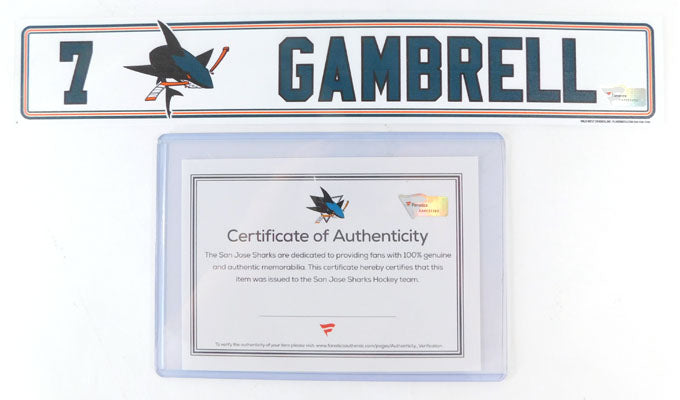 2018-19 Dylan Gambrell #7 Player Issued Sharks Locker Nameplate COA #AA0033382