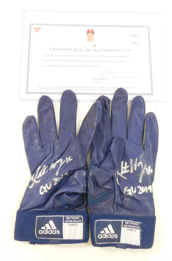 2019 Kolten Wong STL Cardinals Game-Used Dark Blue Adidas Batting Gloves AUTO