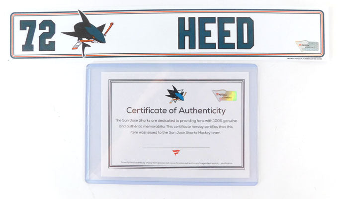 2019-20 Tim Heed #72 Player Issued Sharks Locker Nameplate COA #AA0033327