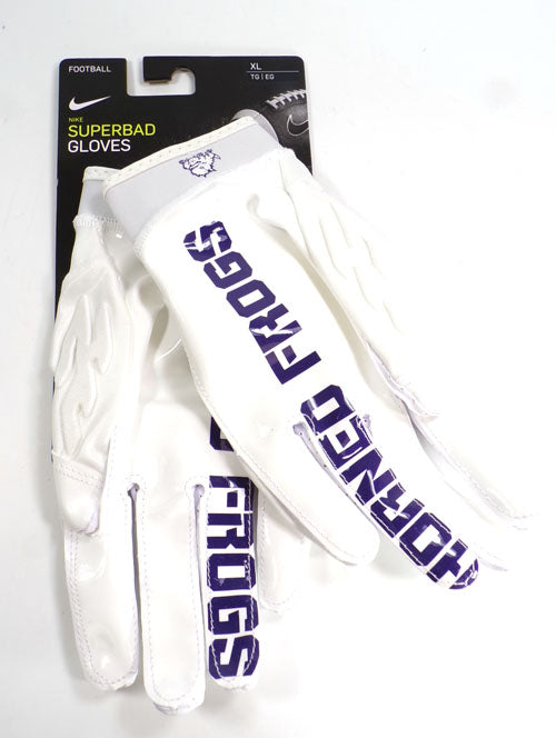 Nike TCU Horned Frog Team Issued Superbad 6 V2 White Football Gloves Size XL