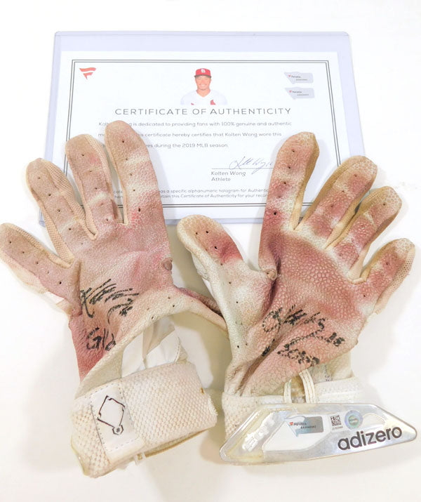 2019 Kolten Wong STL Cardinals Game-Used Steel White Adidas Batting Gloves AUTO