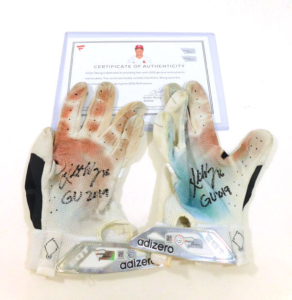 2019 Kolten Wong STL Cardinals Game-Used Wh/Blk Adidas Batting Gloves AUTO