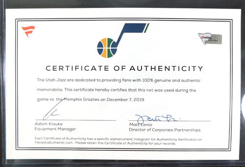 Utah Jazz vs. Memphis Grizzlies NBA Game Used Basketball Net 12-7-2019 Pic2