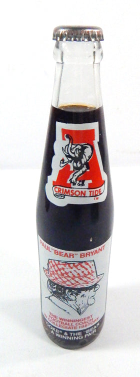 1979 Coke Crimson Tide Paul "Bear" Bryant Full 10 FL OZ Glass Soda Bottle