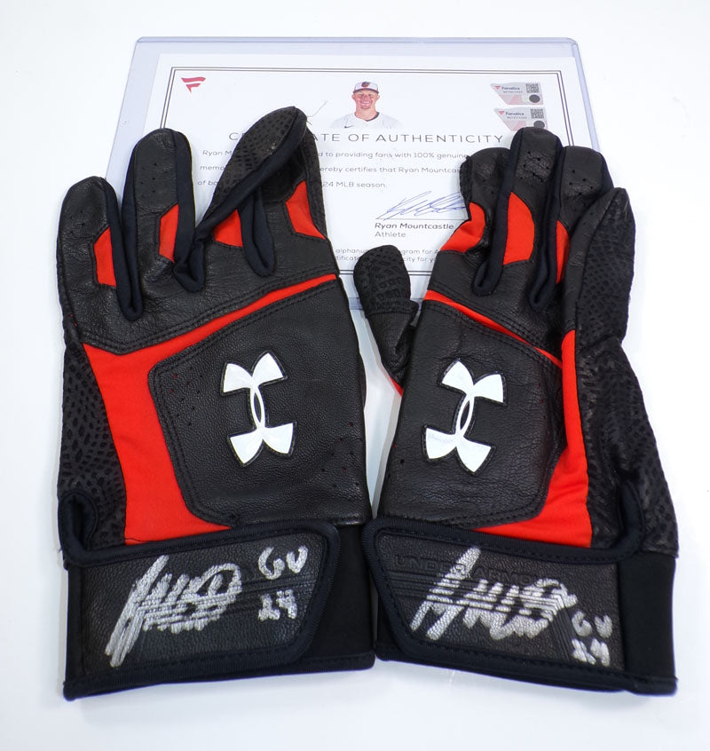 2024 Ryan Mountcastle Orioles Autograph Game-Used Blk/Org UA Batting Gloves COA