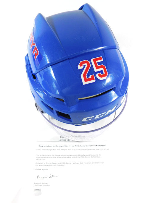 2018-19 Tim Gettinger #25 NY Rangers Game-Used CCM Blue Helmet LOA#266400