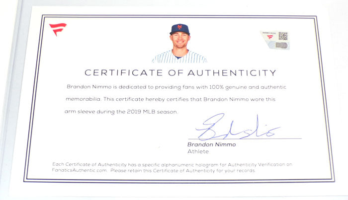 2019 Brandon Nimmo NY Mets Game-Used Blue Arm Sleeve COA HH98519291 Pic2