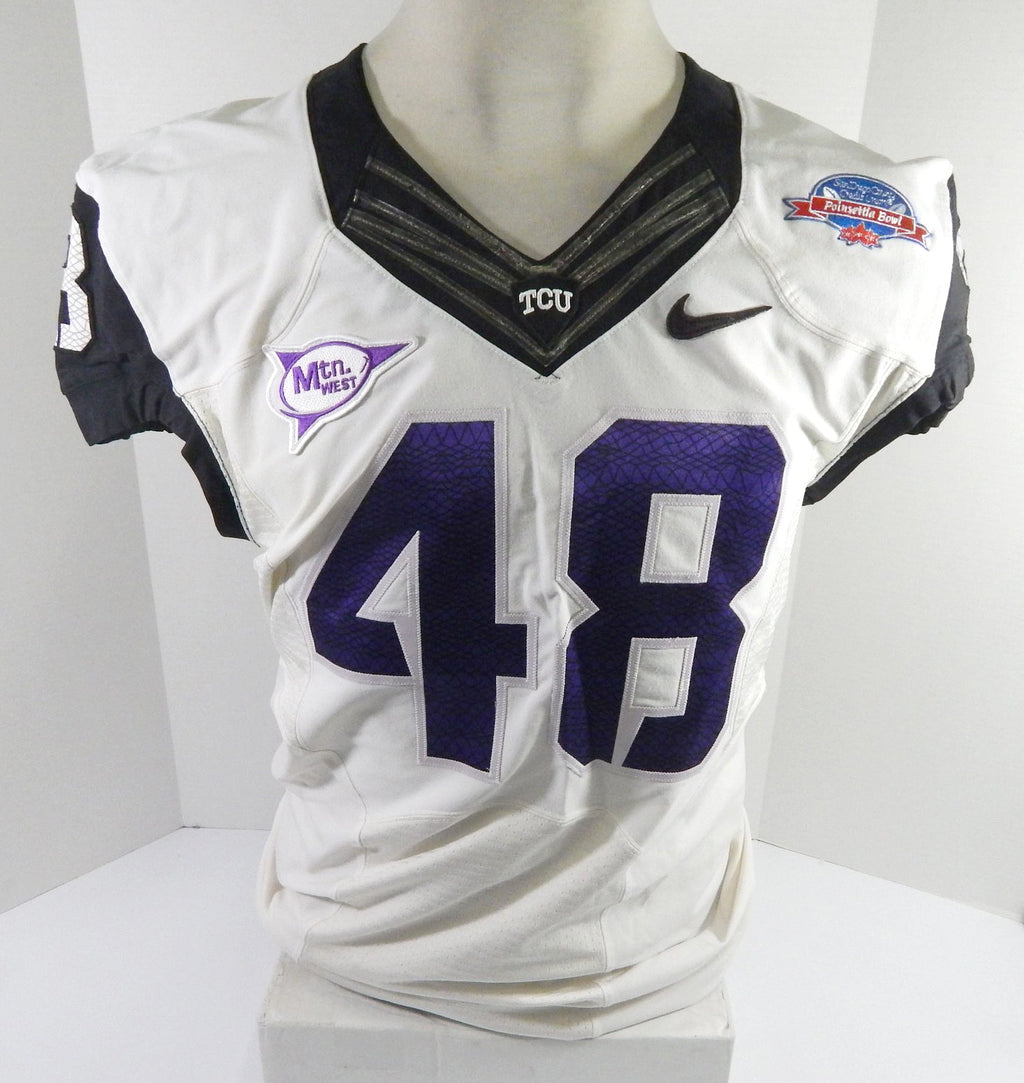 Texas Christian Uni TCU Horned Frogs #48 Game Used White Jersey Poinsettia 44 6 - DP57846