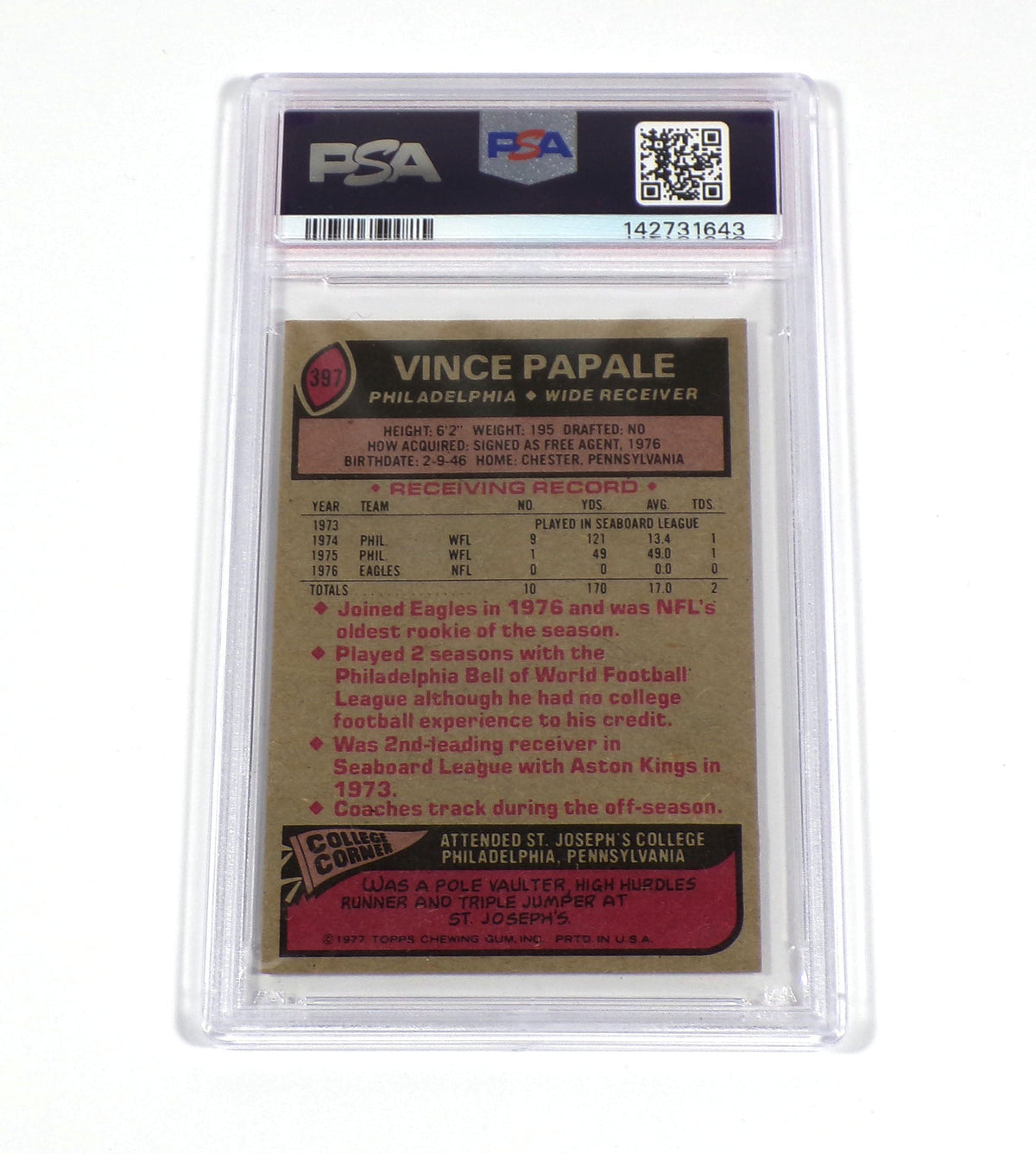 Vincent Papale Signed 1977 Topps Football Card Rookie #397 Eagles PSA/DNA Auto - DA074795